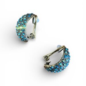 Signed SNK Blue AB Rhinestone Half Hoop Clip Earrings